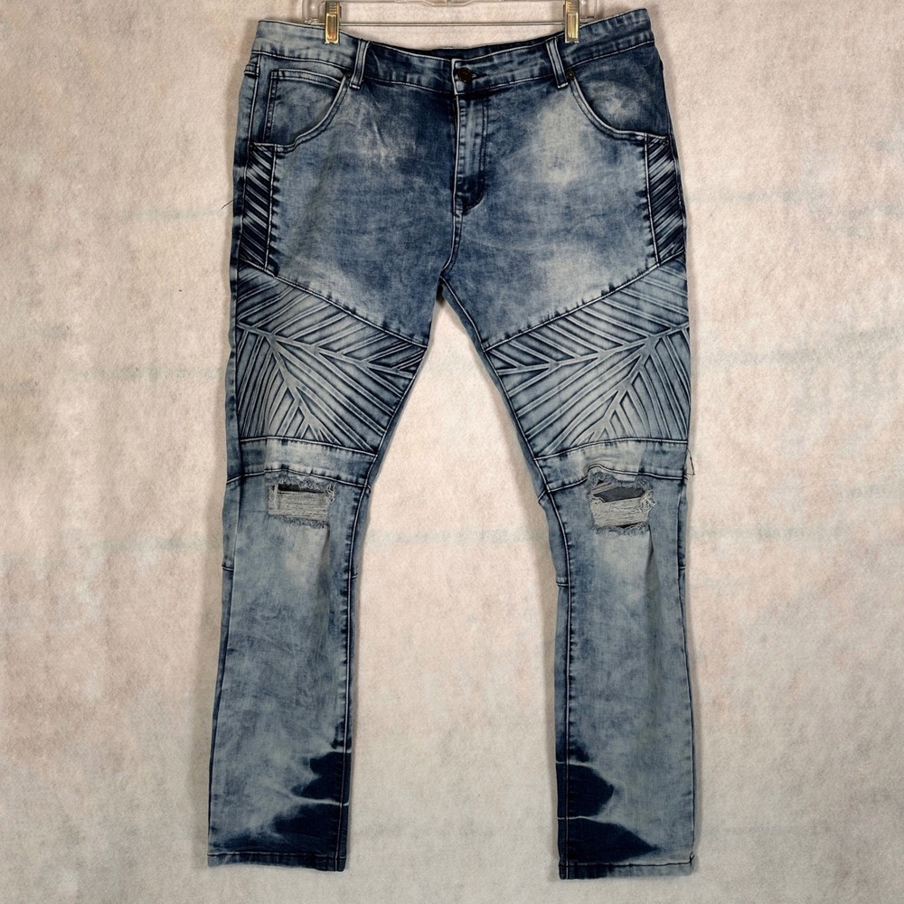 Black Premium Jeans Mens 38x32 Blue Good Acid Wash Distressed Ripped Streetwear